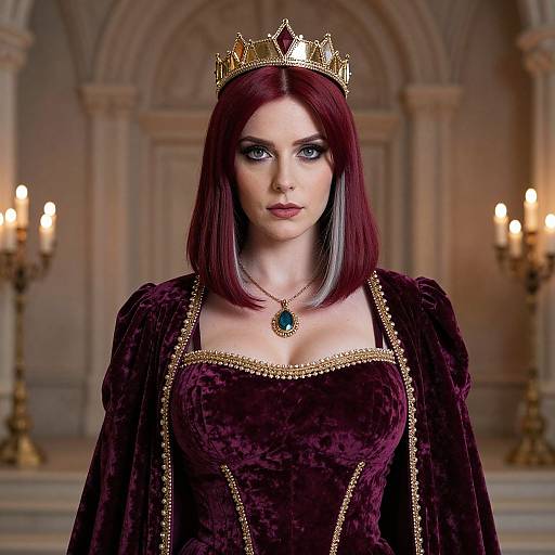 Regal Woman in Purple Velvet Gown and Golden Crown in Grand Hall