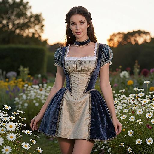Woman in Renaissance-Style Dress Standing in Flower Garden at Sunset