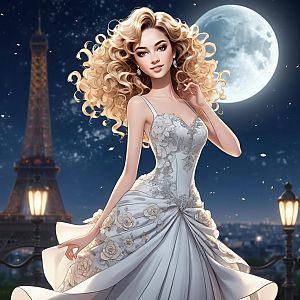 Elegant Woman in Silver Gown Under Full Moon