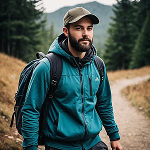Man in Hiking Outfit with Backpack on Forest Trail