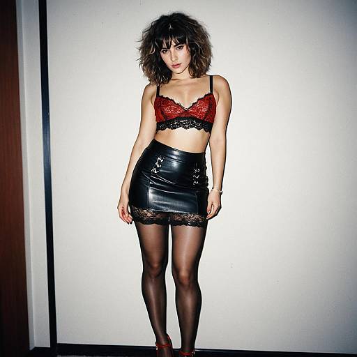 Confident Woman in Red Lace Bralette and Black Leather Mini Skirt