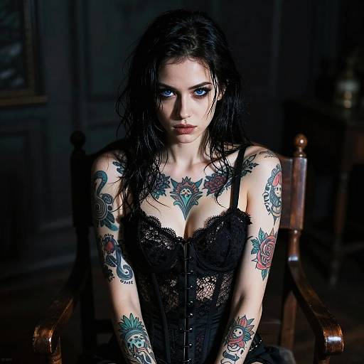 Edgy Woman with Tattoos and Black Lace Corset in Dark Room