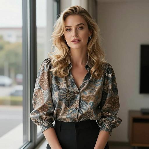 Elegant Gen Z Woman Wearing Floral Patterned Blouse and Black Pants Indoors