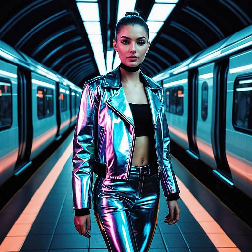 Futuristic Woman in Metallic Outfit in Neon-Lit Subway Station