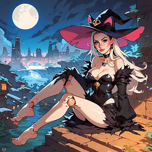 Anime Style Witch Woman Sitting on Steps with Full Moon and Futuristic City Background