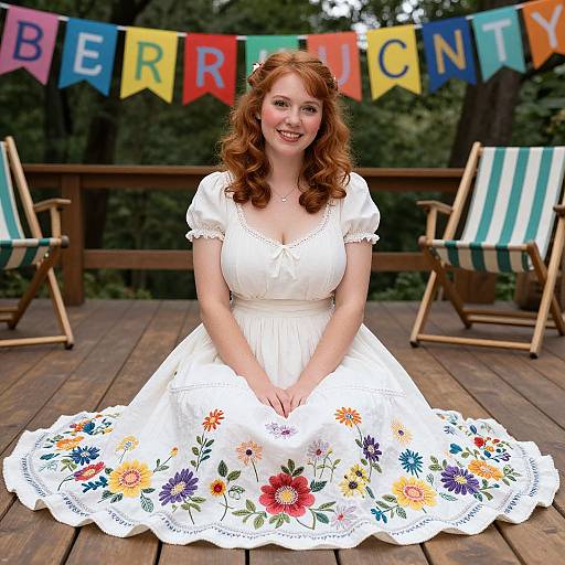 Red-Haired Woman in Embroidered Dress Sitting on Wooden Deck with Colorful Banner