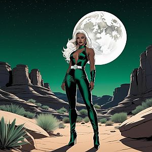 Powerful Female Figure in Dramatic Landscape Under Full Moon