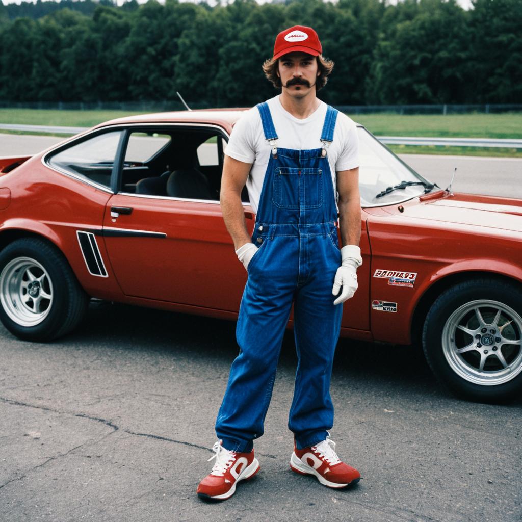 Man Wearing Super Mario Costume Posing by Red Vintage Sports Car