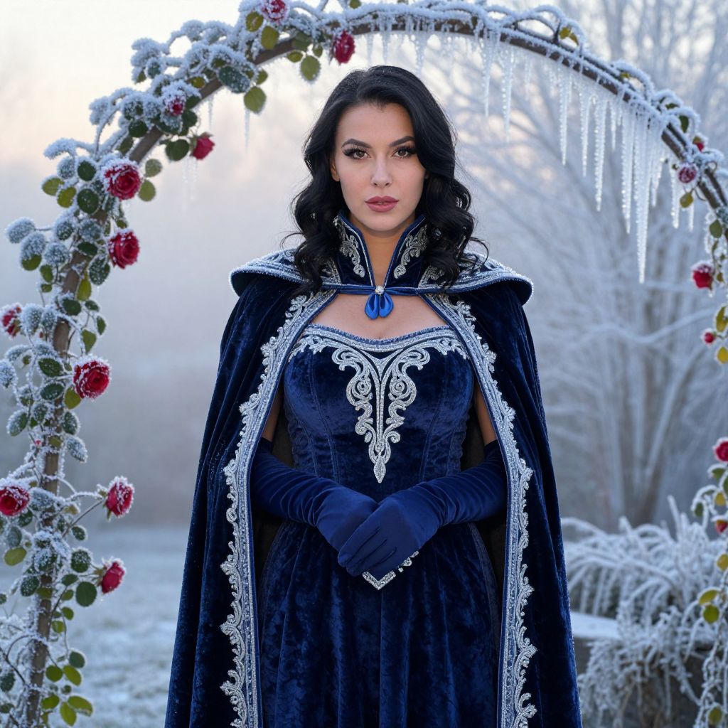 Regal Woman in Royal Blue Velvet Gown Beneath Frosted Rose Arch in Winter