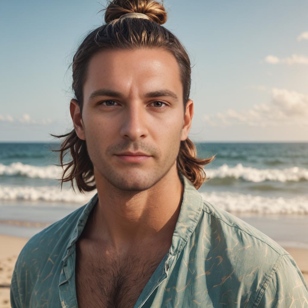 Confident Man with Top Knot on Beach