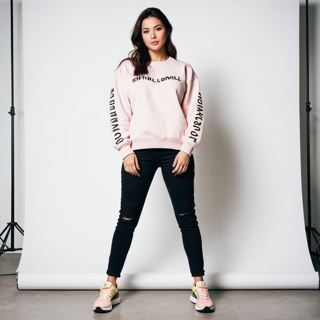Confident Woman in Pink Sweatshirt and Ripped Jeans Studio Portrait