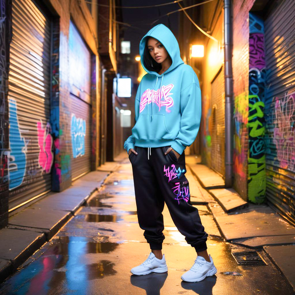 Fashionable Woman in Aqua Hoodie and Joggers