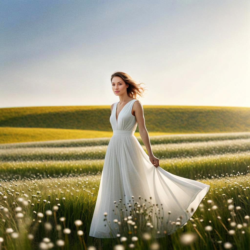 Serene Woman in White Dress in Vibrant Field