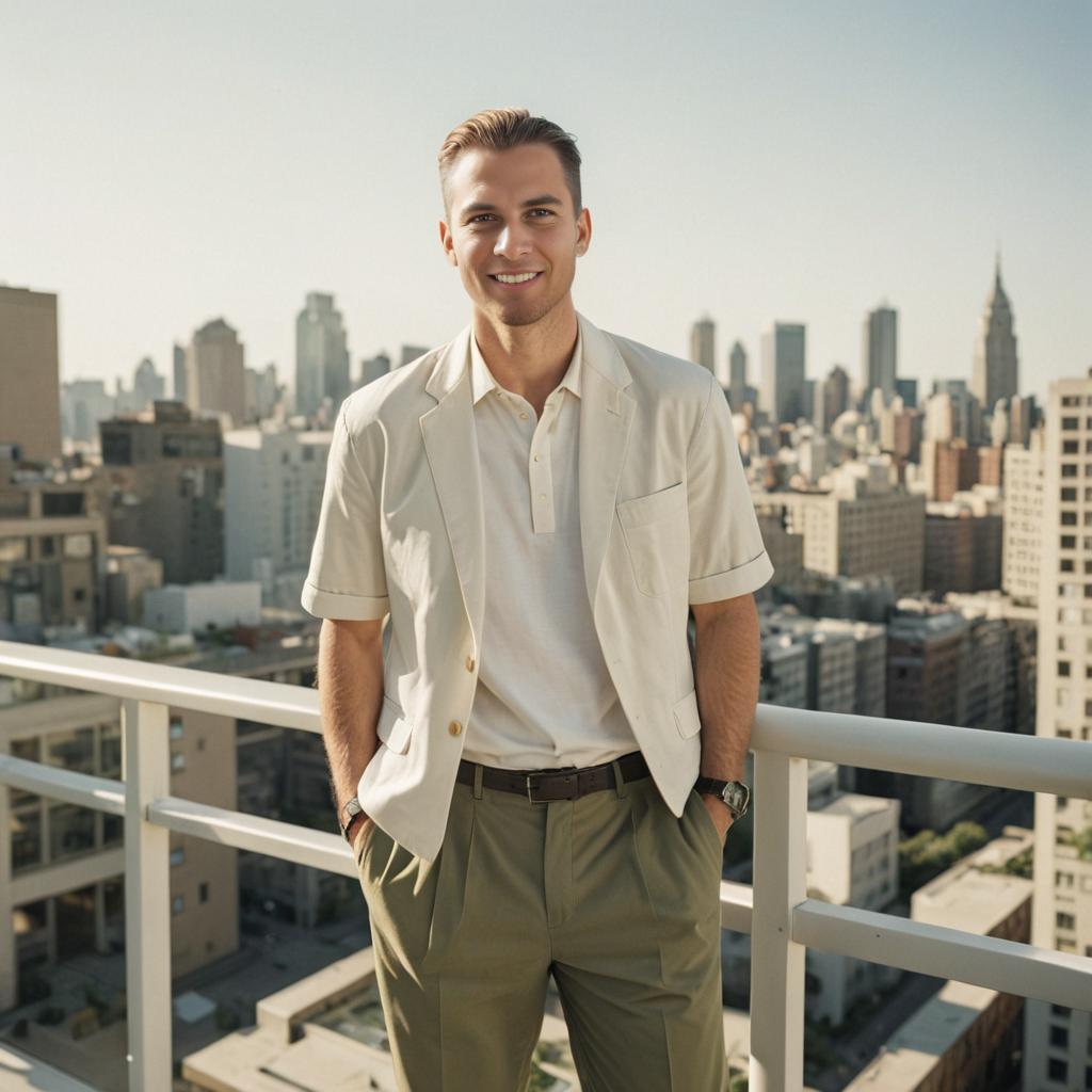 Confident Man on Balcony Overlooking City