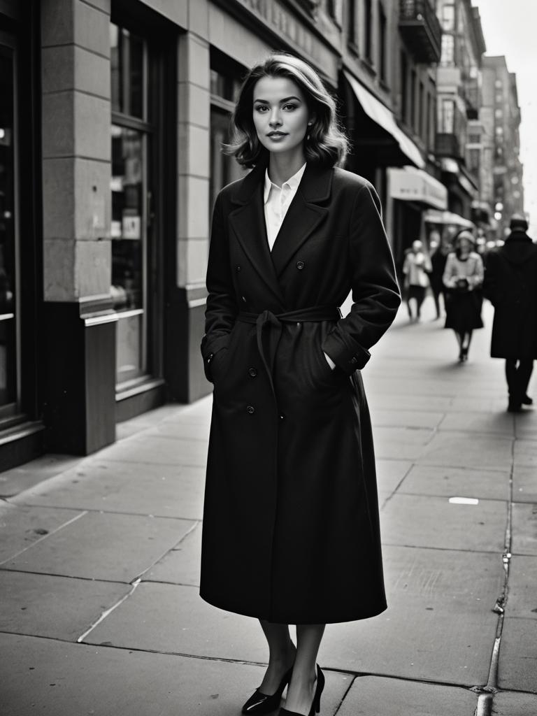 Confident Woman in Black Coat on City Street