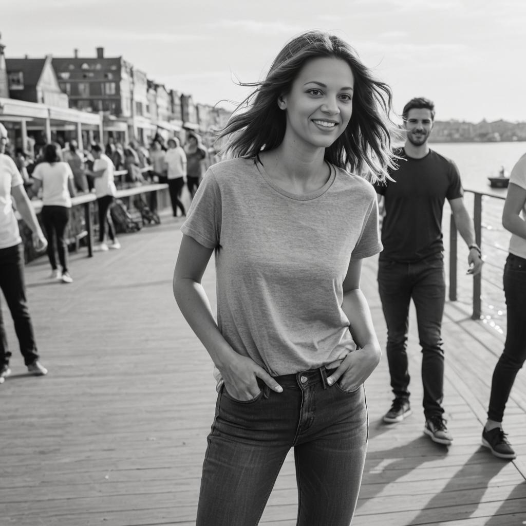 Smiling Woman on Boardwalk - Black and White Portrait