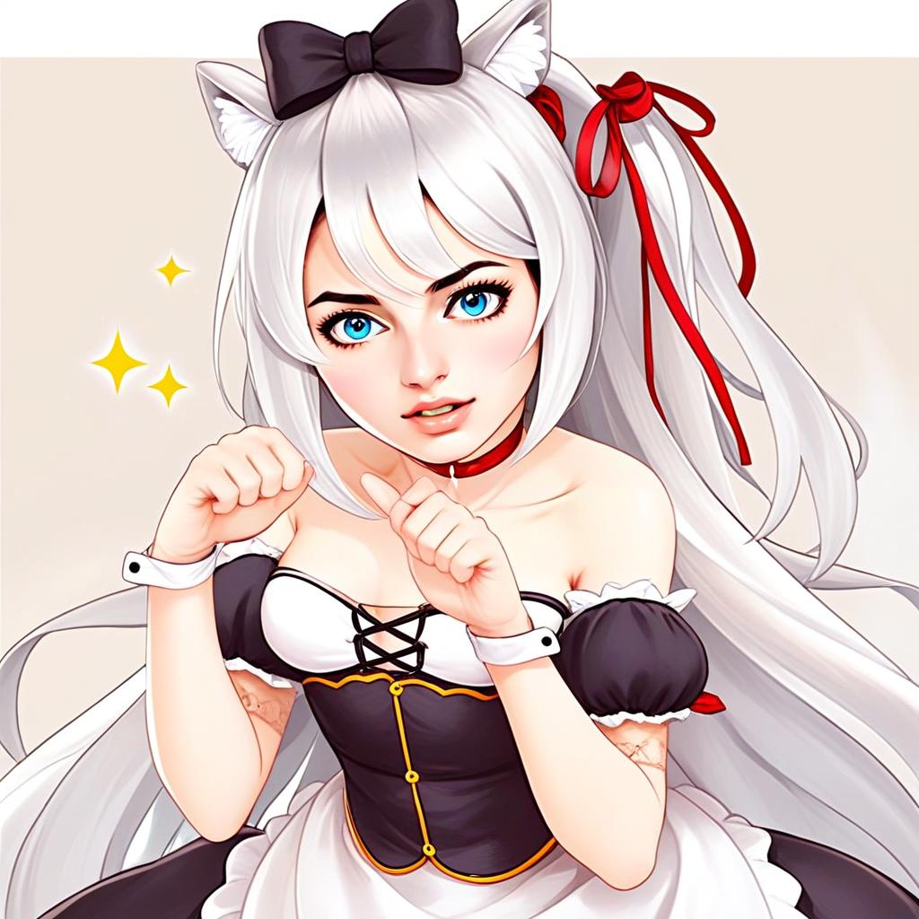 Anime Style Cat Ear Maid Girl with White Hair and Blue Eyes