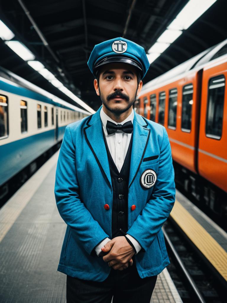 Man in Thomas Train Costume Photorealistic Cosplay Portrait on Train Platform