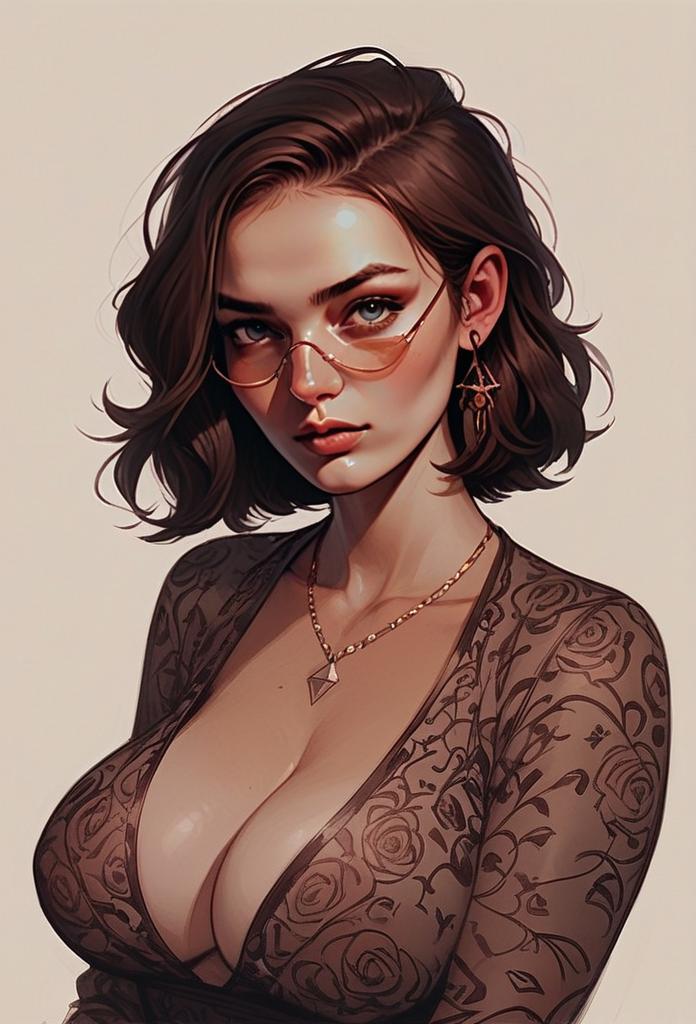Hyper-Realistic Digital Portrait of Woman with Sheer Rose-Patterned Top and Glasses