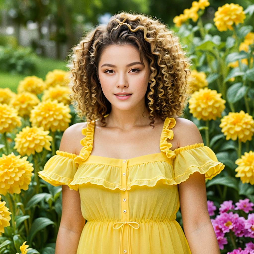 Young Woman in Yellow Dress Among Flowers