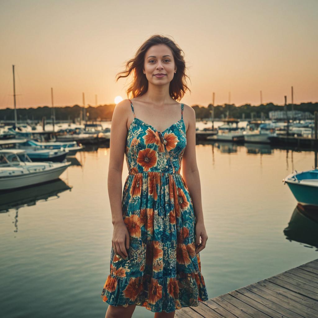 Woman in Floral Dress on Dock at Sunset