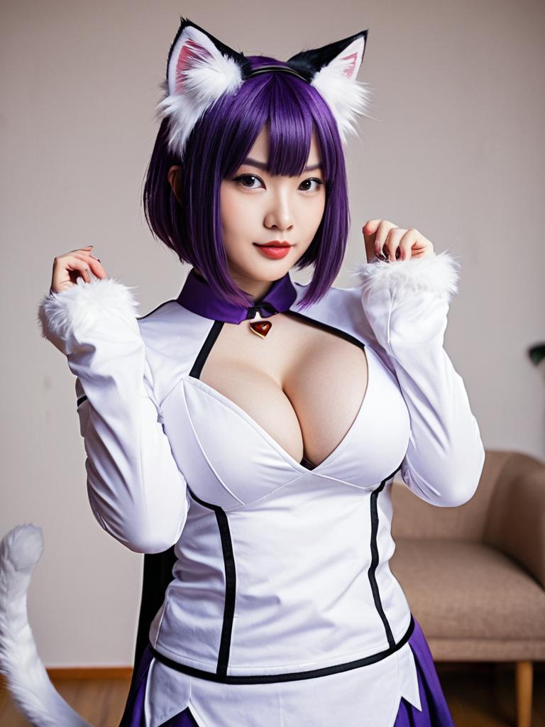 Nekonata Okayu Cosplay with Purple Hair and Cat Ears