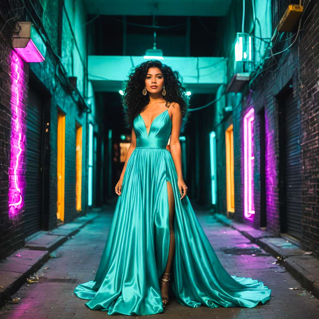 Woman in Turquoise Gown in Urban Alley