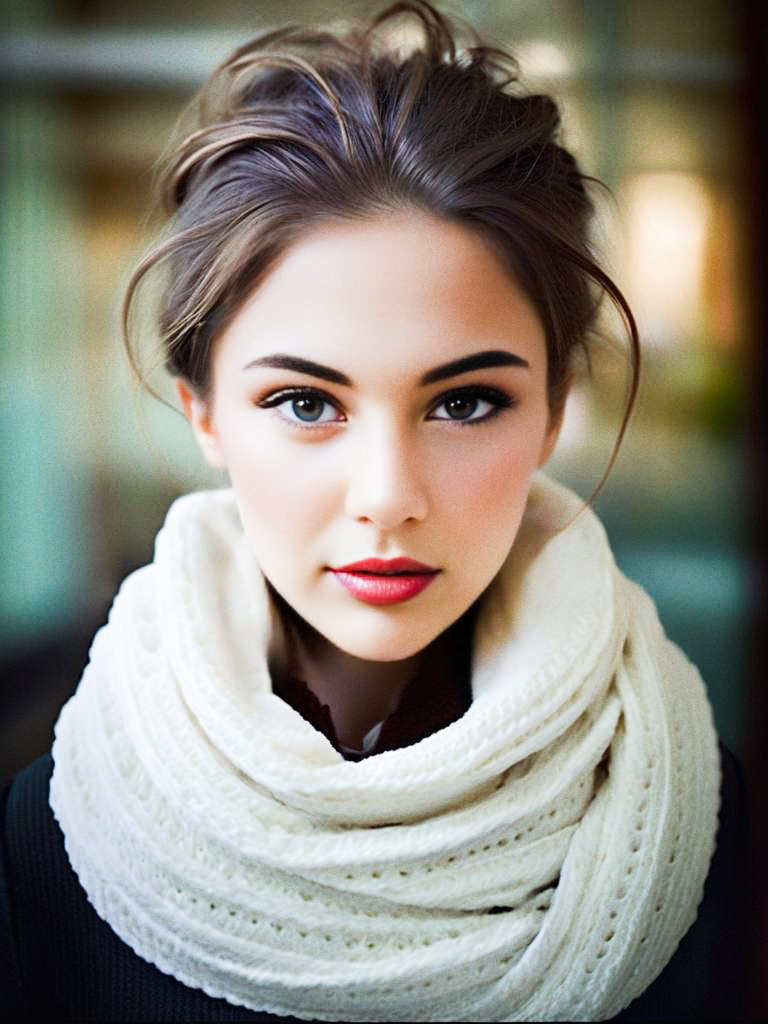 Close-up Portrait of a Young Woman with White Scarf