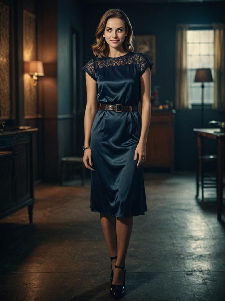 Elegant Woman in Vintage Dark Blue Dress