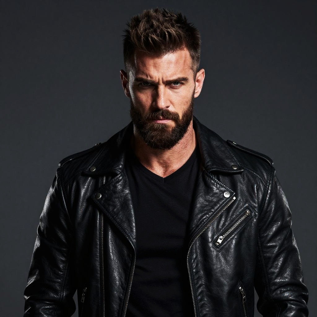 Confident Man Wearing Black Leather Jacket with Rugged Beard