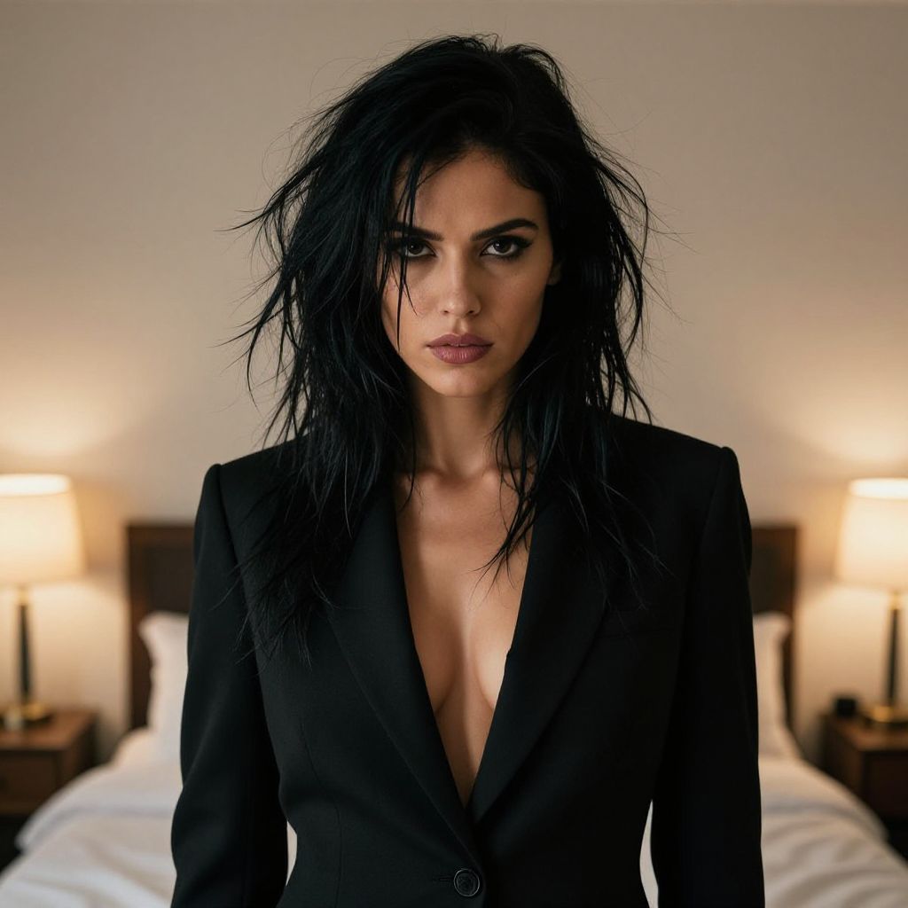 Portrait of Woman in Black Blazer with Tousled Hair in Modern Bedroom