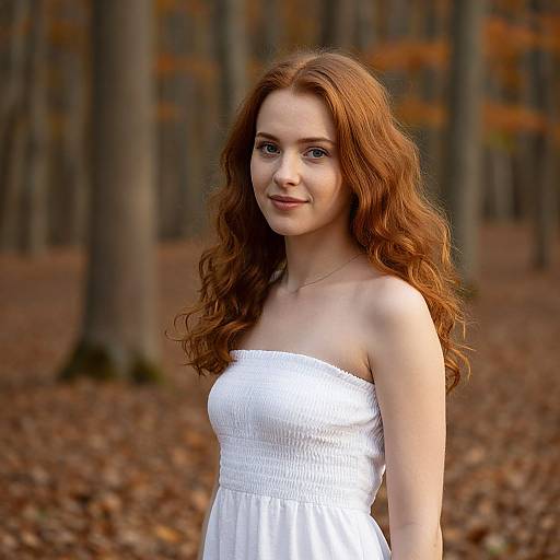 Portrait of Redheaded Woman in White Dress in Autumn Forest