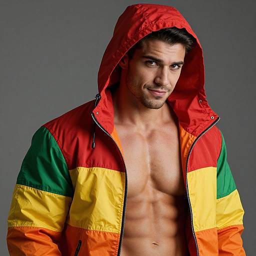 Young Man Wearing Colorful Striped Jacket with Hood and Bare Chest