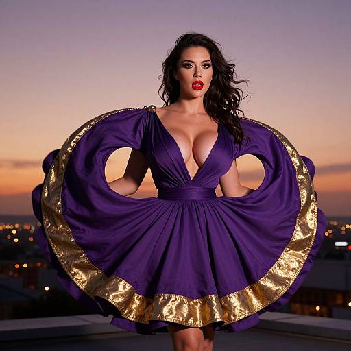 Glamorous Woman in Purple Dress with Gold Trim at Sunset