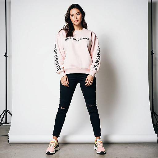 Confident Woman in Pink Sweatshirt and Ripped Jeans Studio Portrait