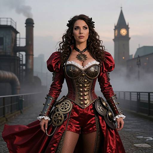 Steampunk Woman in Red Satin Victorian Outfit with Mechanical Gears