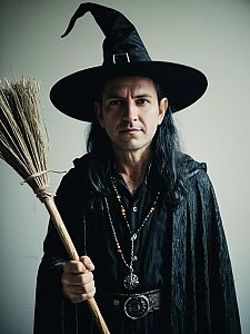 Modern Male Witch Costume With Broomstick and Pointed Hat