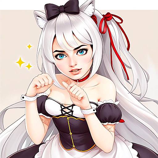 Anime Style Cat Ear Maid Girl with White Hair and Blue Eyes