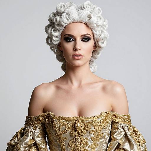 Elegant Woman in Baroque Style Gown and White Curly Wig