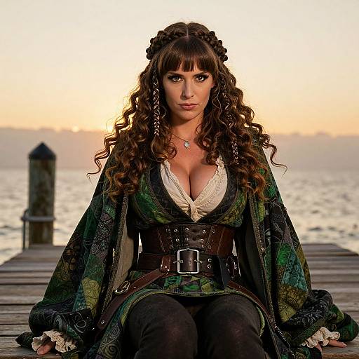 Fantasy Medieval Woman in Green Cloak Sitting on Dock by Water