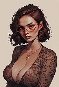 Hyper-Realistic Digital Portrait of Woman with Sheer Rose-Patterned Top and Glasses