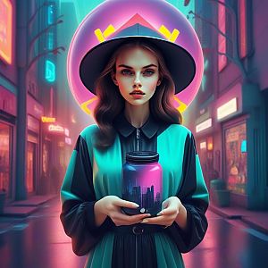 Woman in Neon-Lit Futuristic City with Glowing Jar