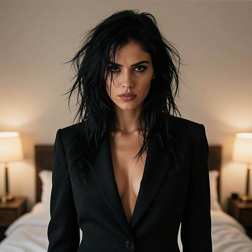 Portrait of Woman in Black Blazer with Tousled Hair in Modern Bedroom