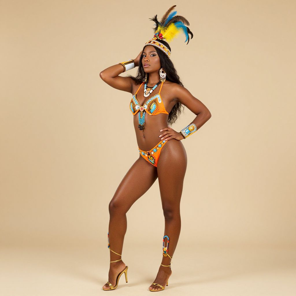 Woman in Vibrant Orange Feathered Carnival Costume Standing Pose