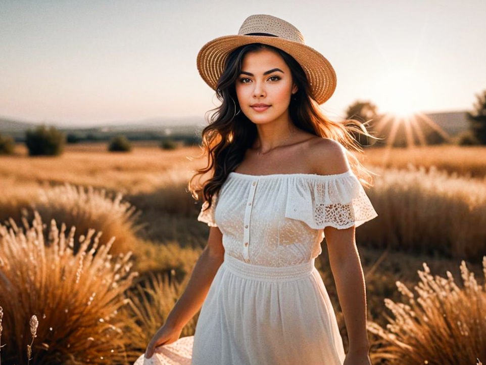 Woman in White Dress in Sunlit Field