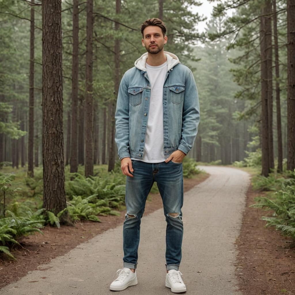 Stylish Man in Denim on Forest Path