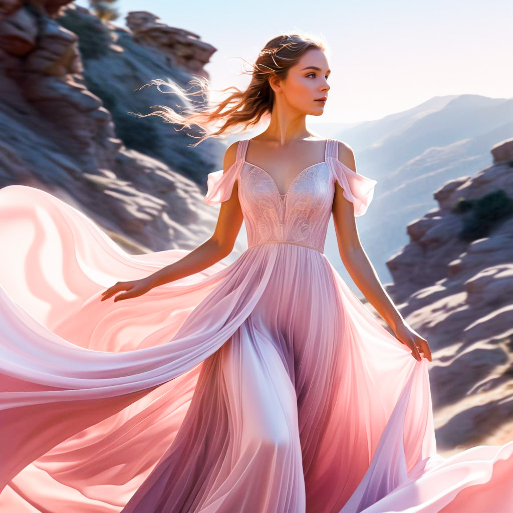 Woman in Pink Gown in Scenic Landscape