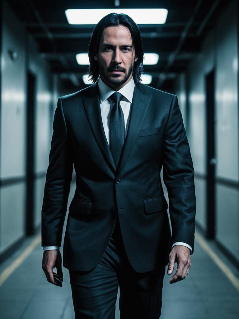 Man in Black Suit Walking Down Dimly Lit Corridor
