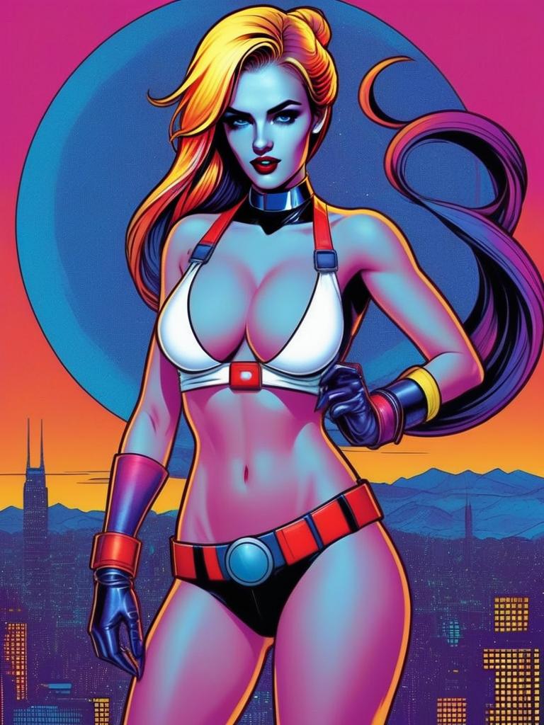 Confident Woman in Colorful Superhero Outfit at Sunset