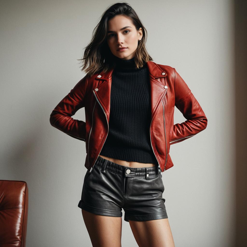 Young Woman in Red Leather Jacket and Black Shorts Fashion Portrait